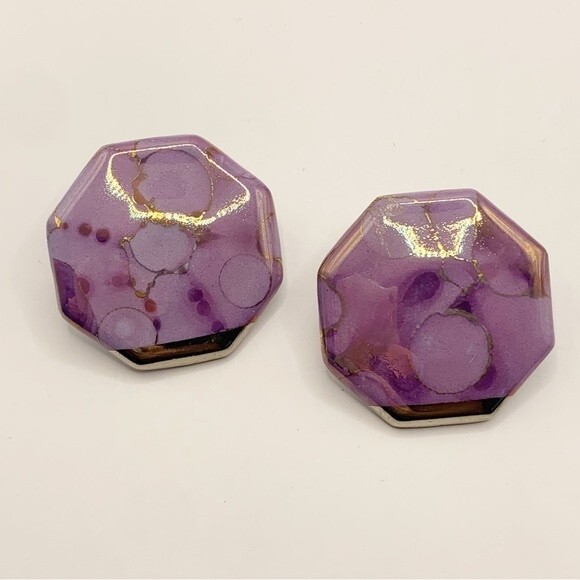 Vtg Button Earrings Mt. St. Helens Ash Purple Marbled Iridescent Large Geometric - Picture 6 of 8